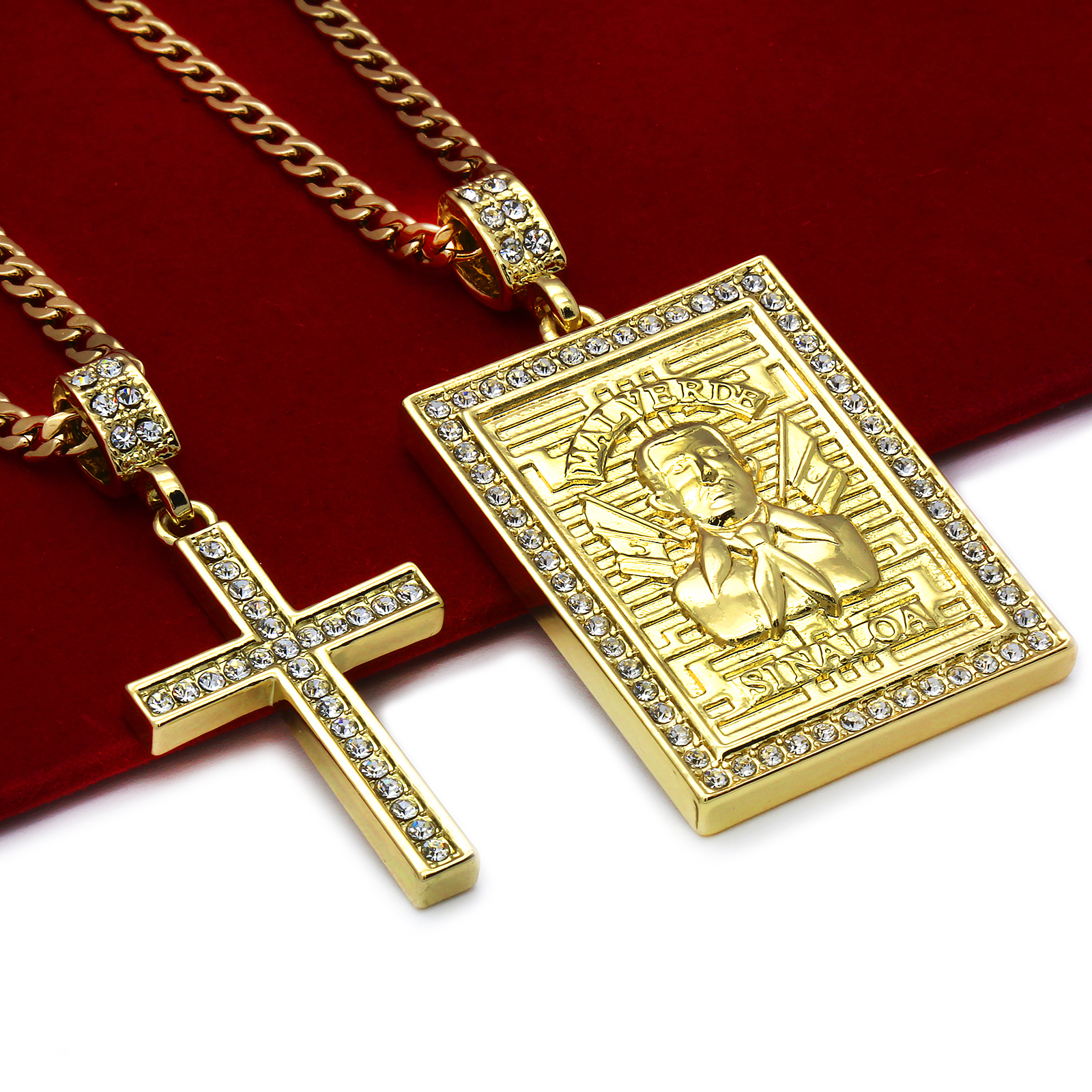 Gold Plated St.Steel Chain 24″/30″ Malverde & Cross Pendant Cubic Zirconia 56/8