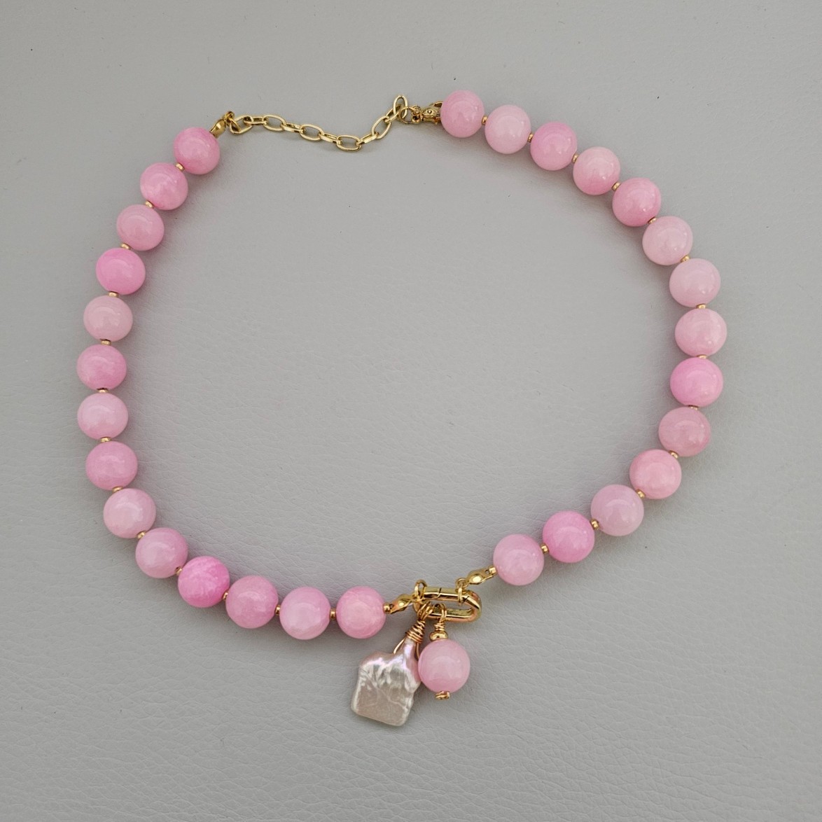 Pink Beaded Gemstone Necklace with Mother-of-Pearl Charm, Gold-Tone Toggle Clasp
