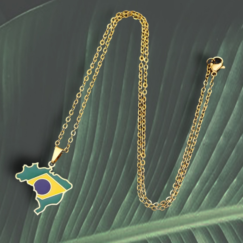 Brazil Map Pendant Necklace – Colored – Stainless Steel
