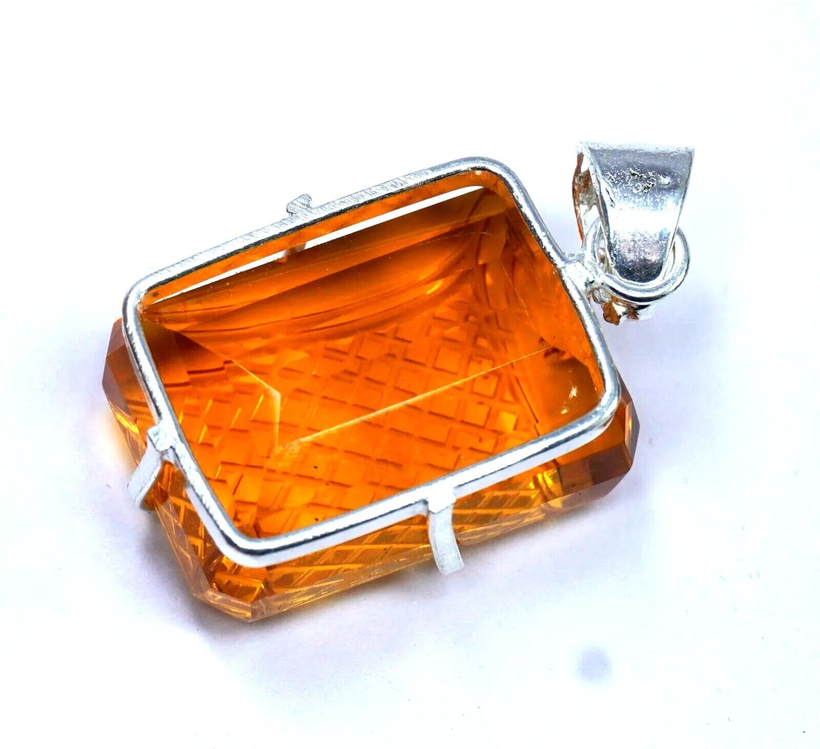 Emerald Cut 94 Ct Natural Carving Citrine 925 Solid Sterling Silver Pendant Gem