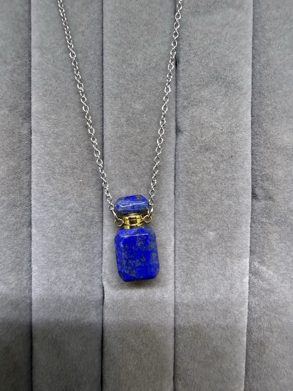 Lapis Lazuli Pendant Necklace, 20 Inches In Stainless Steel, Perfume Bottle