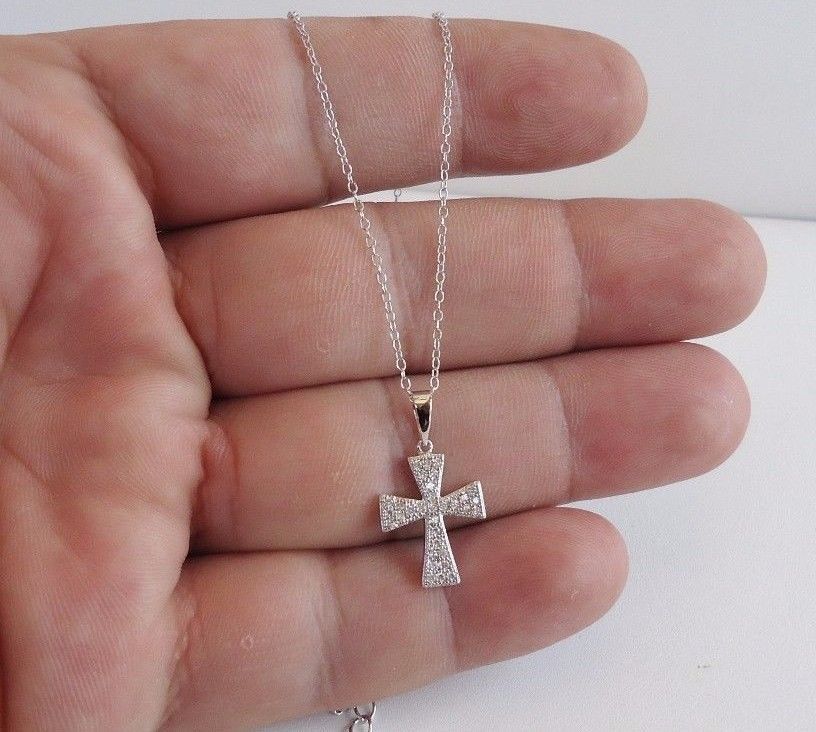 CROSS 925 STERLING SILVER NECKLACE PENDANT W/ .75 CT LAB DIAMONDS/18”