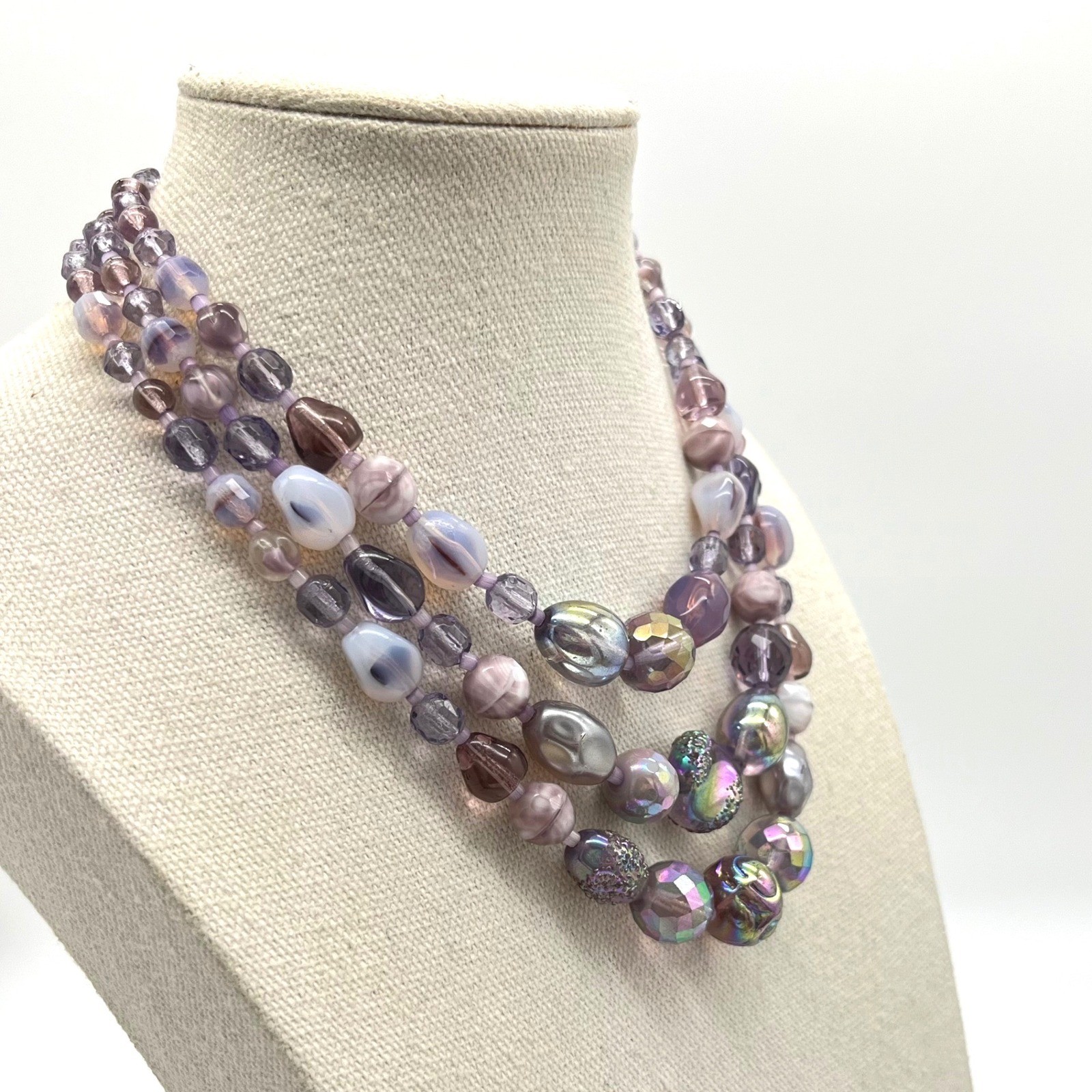 Vintage Germany Purple Iridescent Art Glass Triple Strand Beaded Necklace 16in