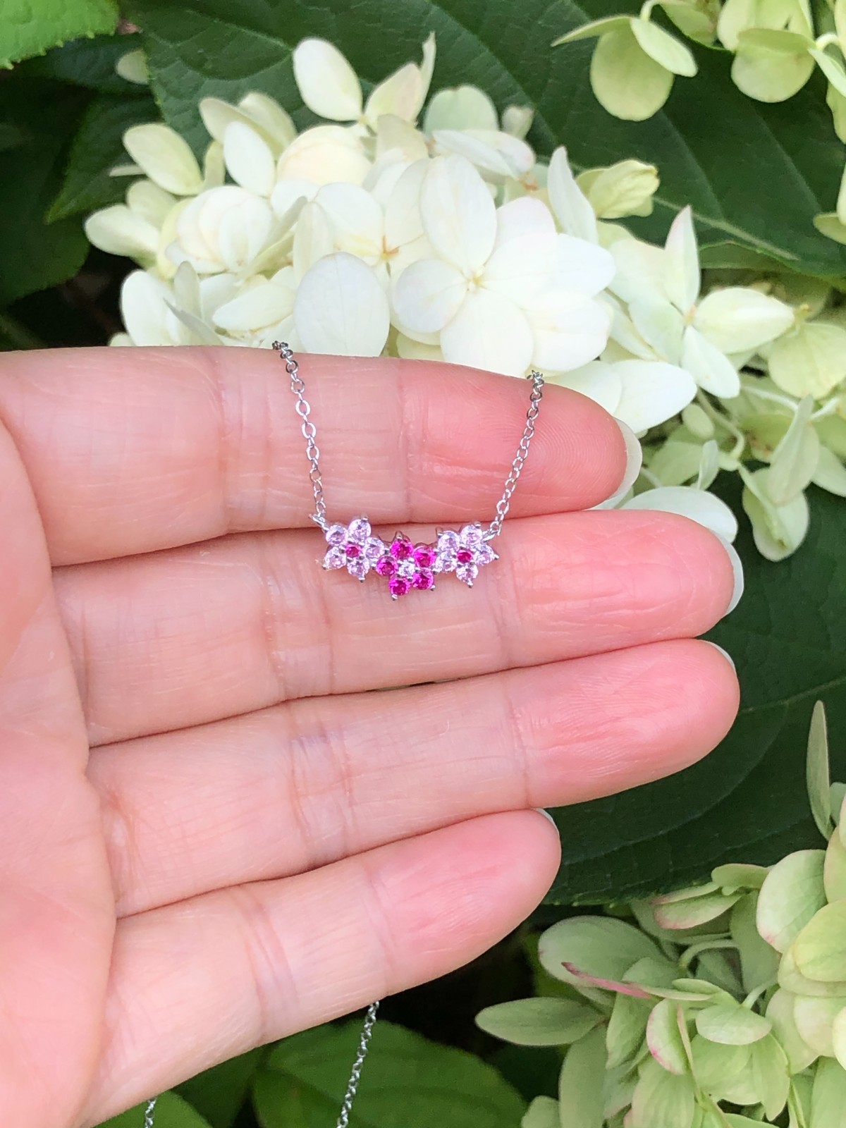 925 Sterling Silver CZ Triple Pink Flower Pendant Necklace Women Girl 16mm 17.5″