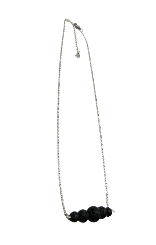 Black Round Nature Lava Rock Graduated Beads Aromatherapy Pendant Necklace 20″