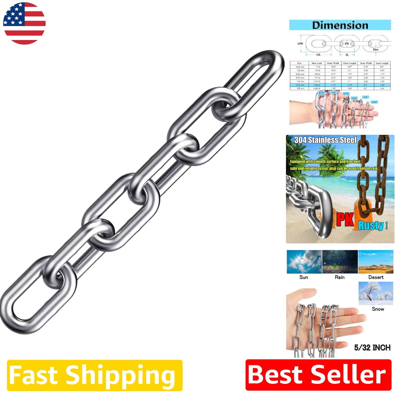 Durable 5/16in Heavy Duty Chain 6.5ft – 304 SS, Corrosion Resistant, Versatile