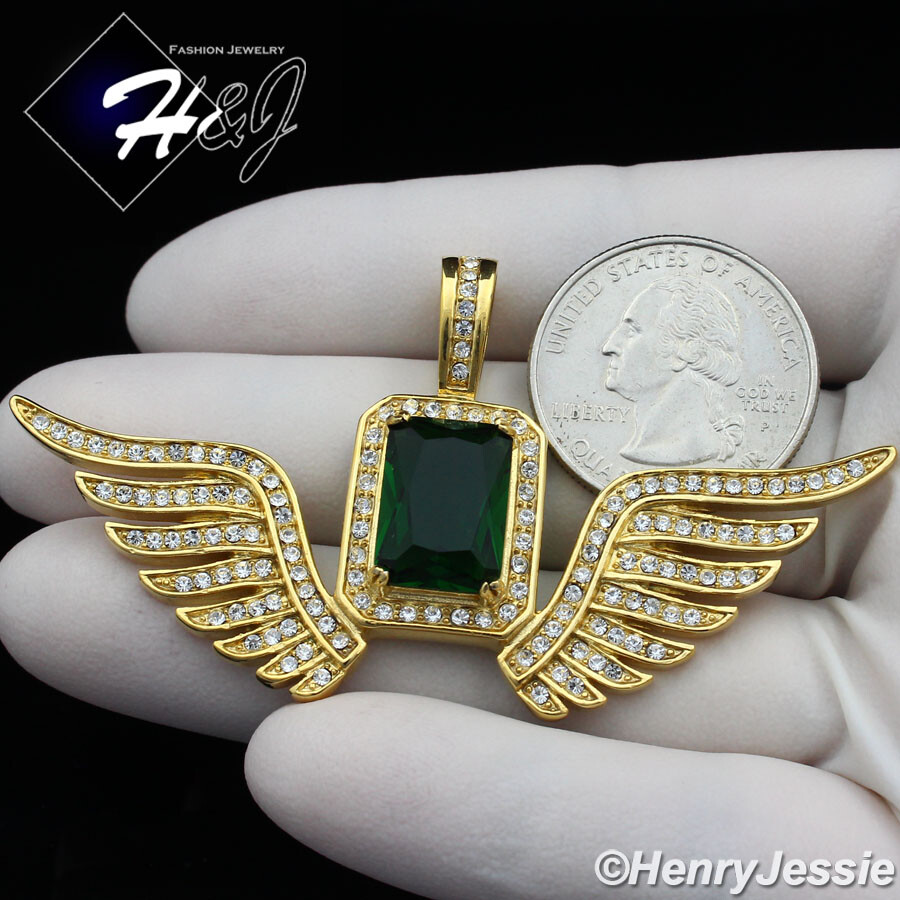 MEN’s Stainless Steel Green Rhinestone Gold Plated Flying Wing Pendant*GP108