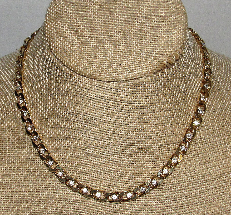 Flat Curb Link Chain Necklace Clear Rhinestones Gold Tone Choker