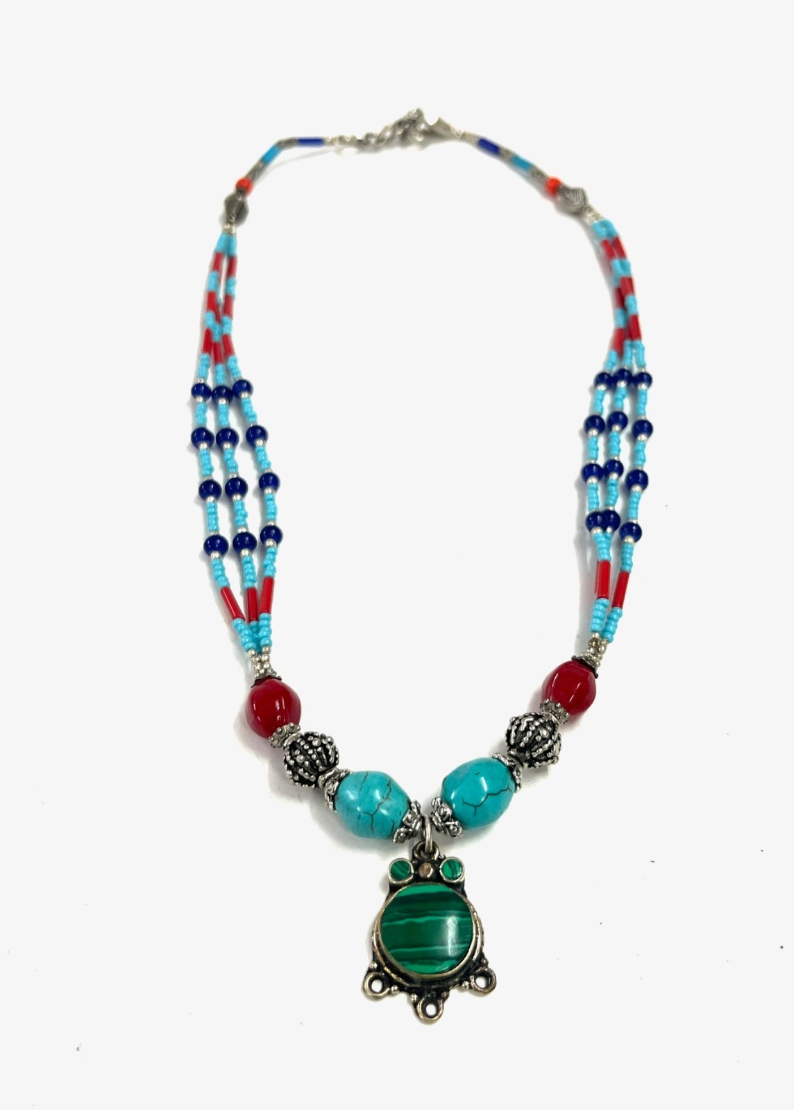 Turquoise Lapis Gemstone Tibetan Boho Pendant Necklace Jewelry, 17 Inc Adjs