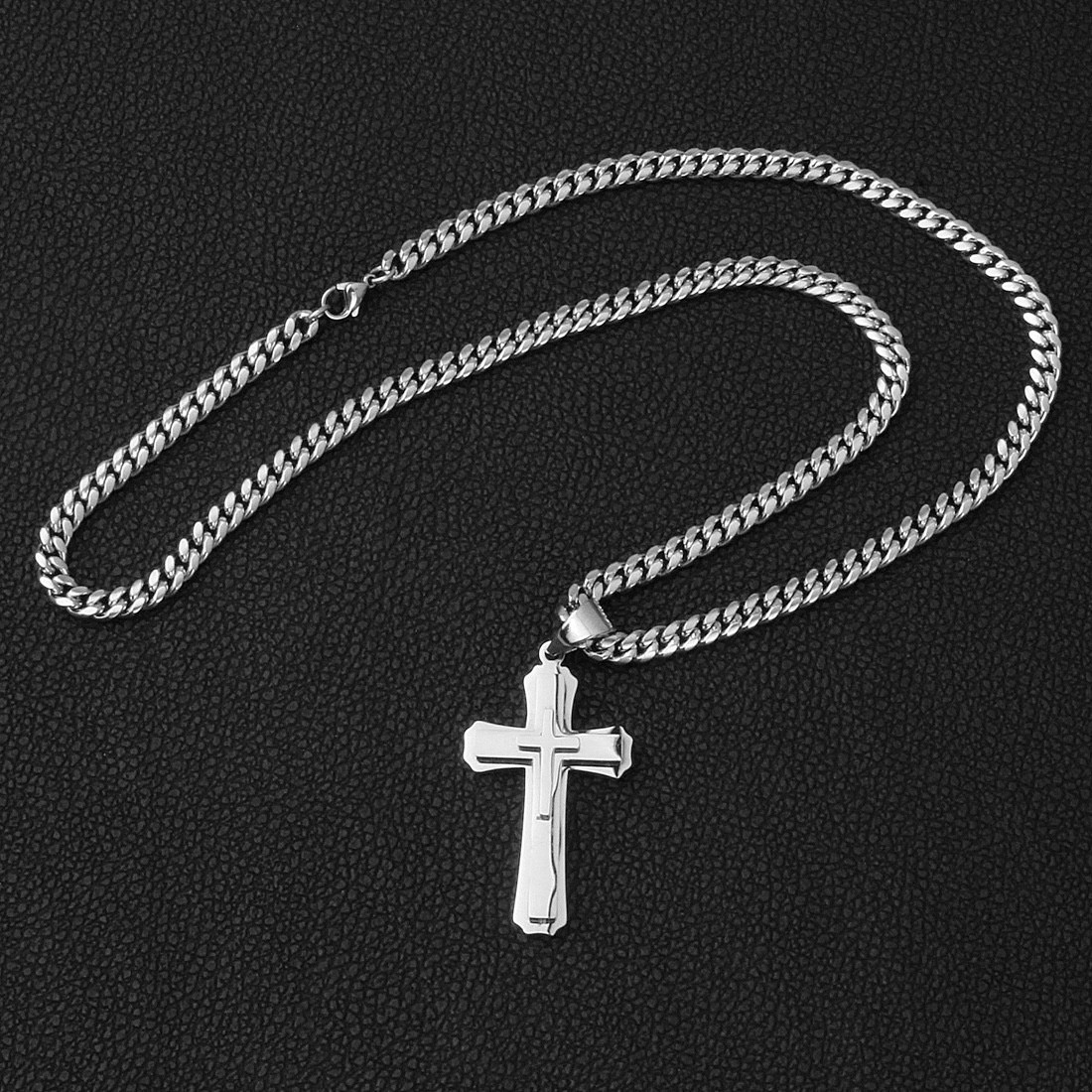 Men’s Stainless Steel Cross Necklace Cuban Chain Pendant Gold Silver Black 24