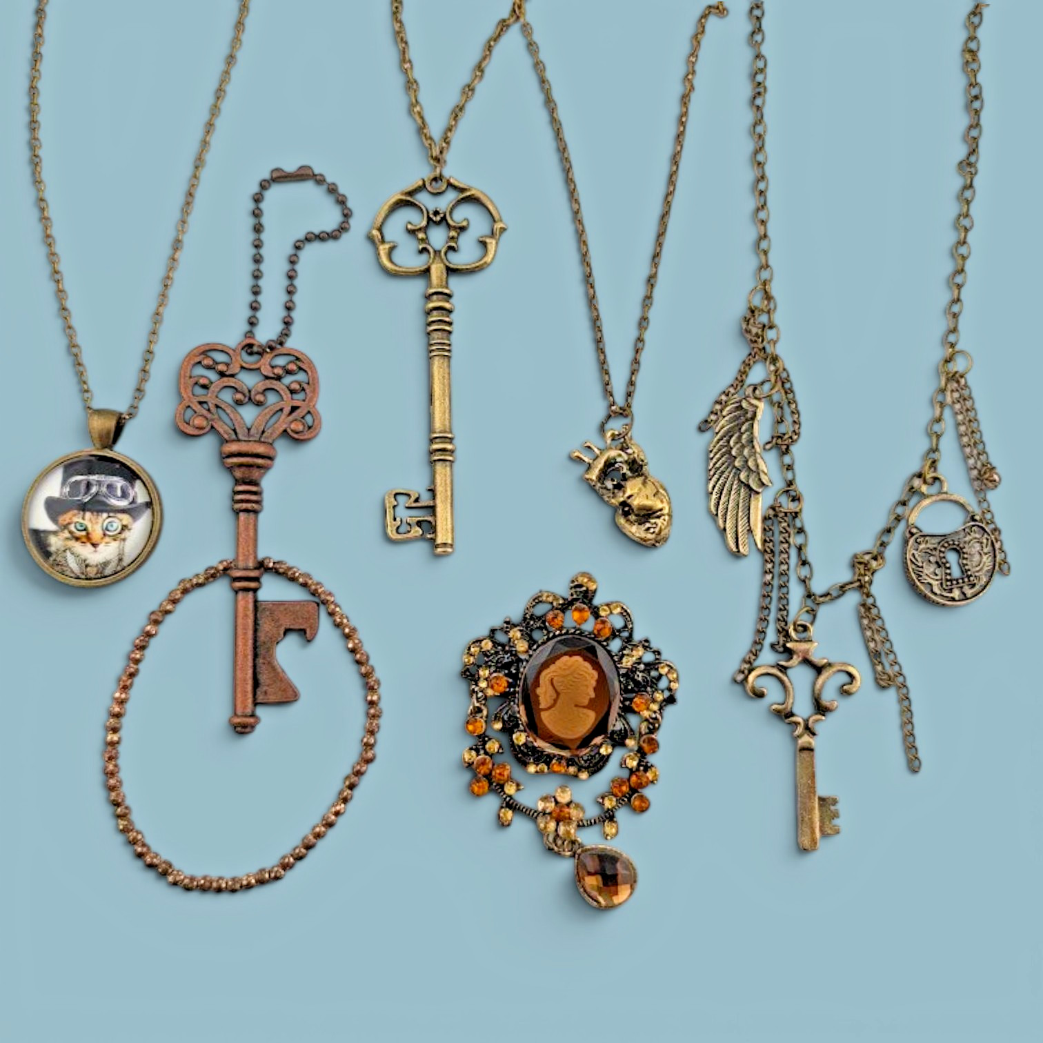 7 pc STEAMPUNK JEWELRY LOT necklaces skeleton key ring brooch copper bronze B1