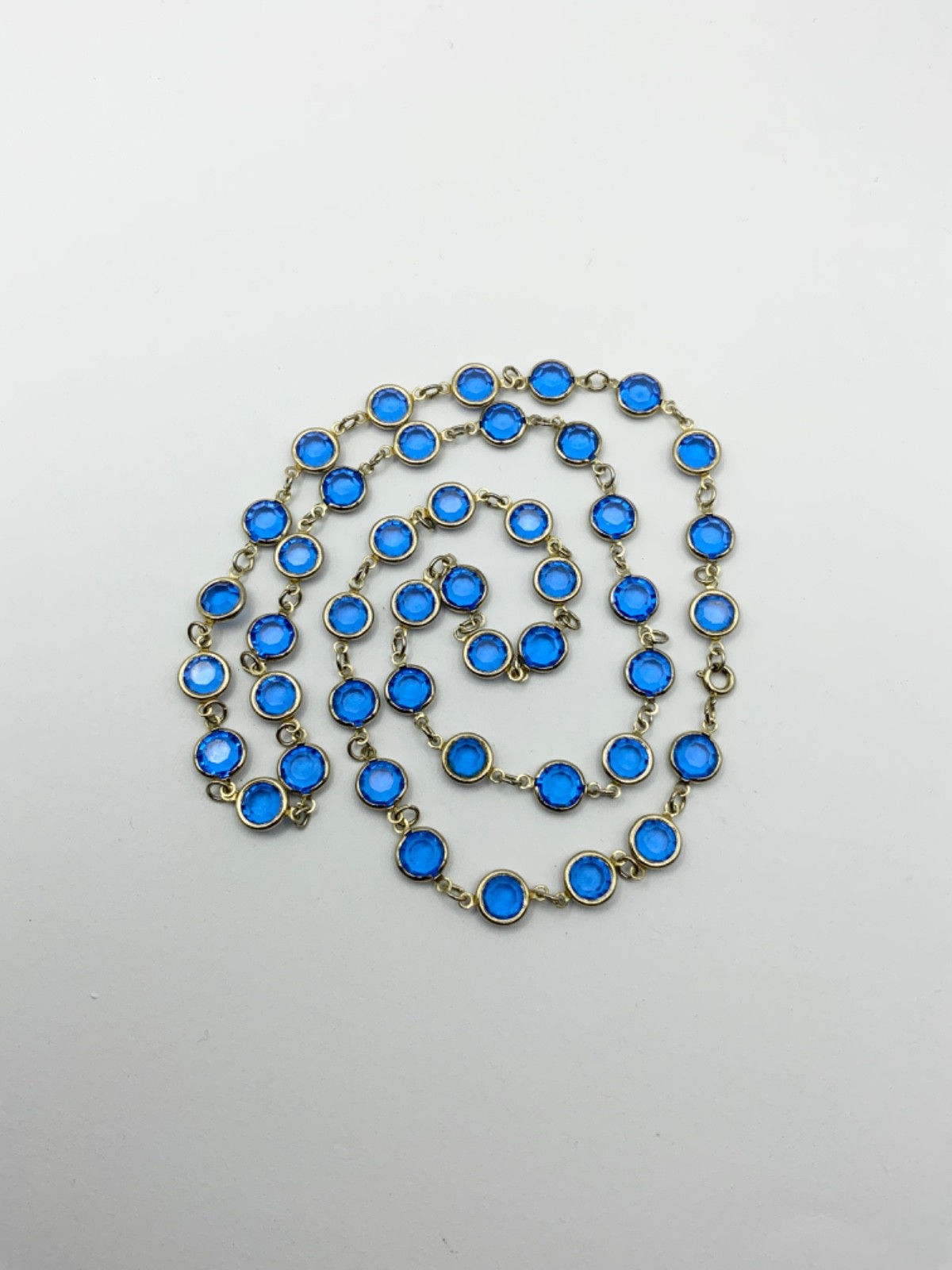 Vintage Blue Bezel Edge Necklace Gold Tone Metal Glass Beads 74cms