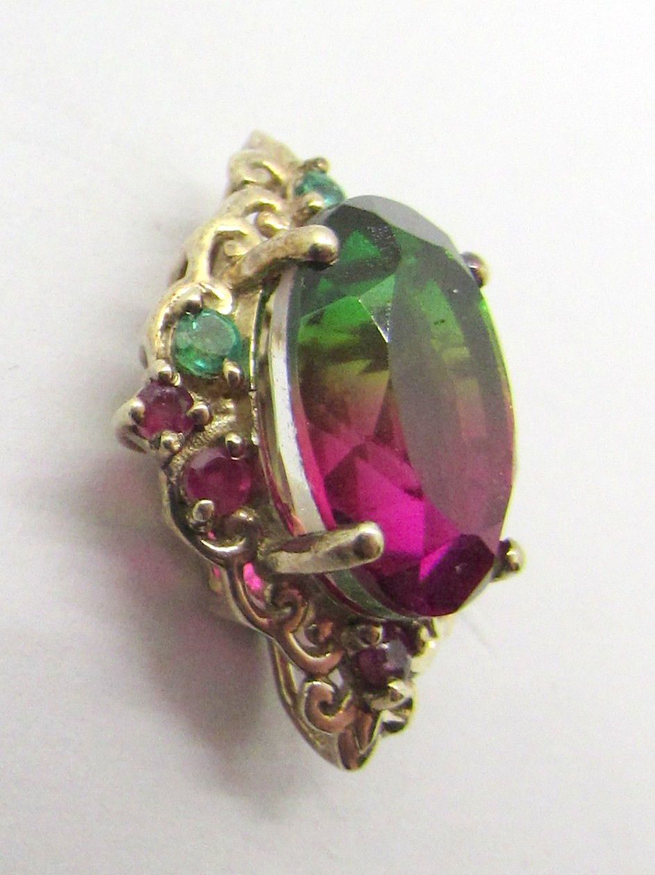 925 STERLING SILVER RED GREEN OVAL SLIDE PENDANT OR CHARM 22X17MM ~ 3.4G