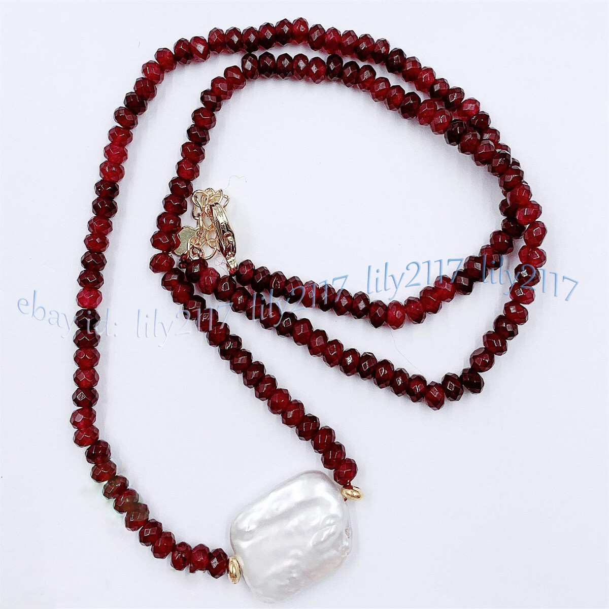 Faceted 2x4mm Red Garnet Natural 15x20mm White Baroque Pearl Pendant Necklace