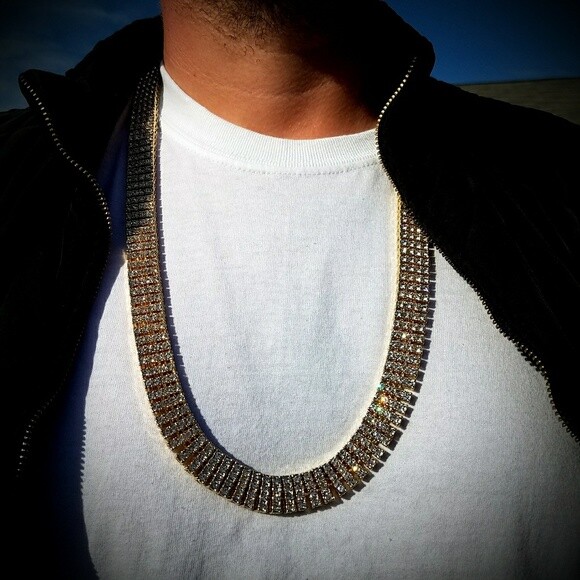 Hip Hop Gold PT Iced 4 Row Lab Diamonds 15mm 30″ Pharaoh Tennis Chain Necklace