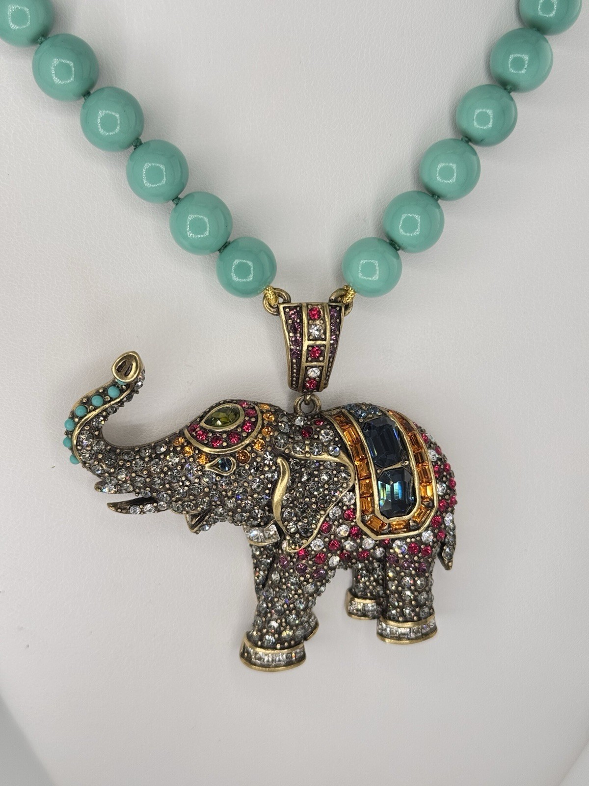Signed Heidi Daus Turquoise Bead Necklace with Pavé Swarovski Crystal Elephant