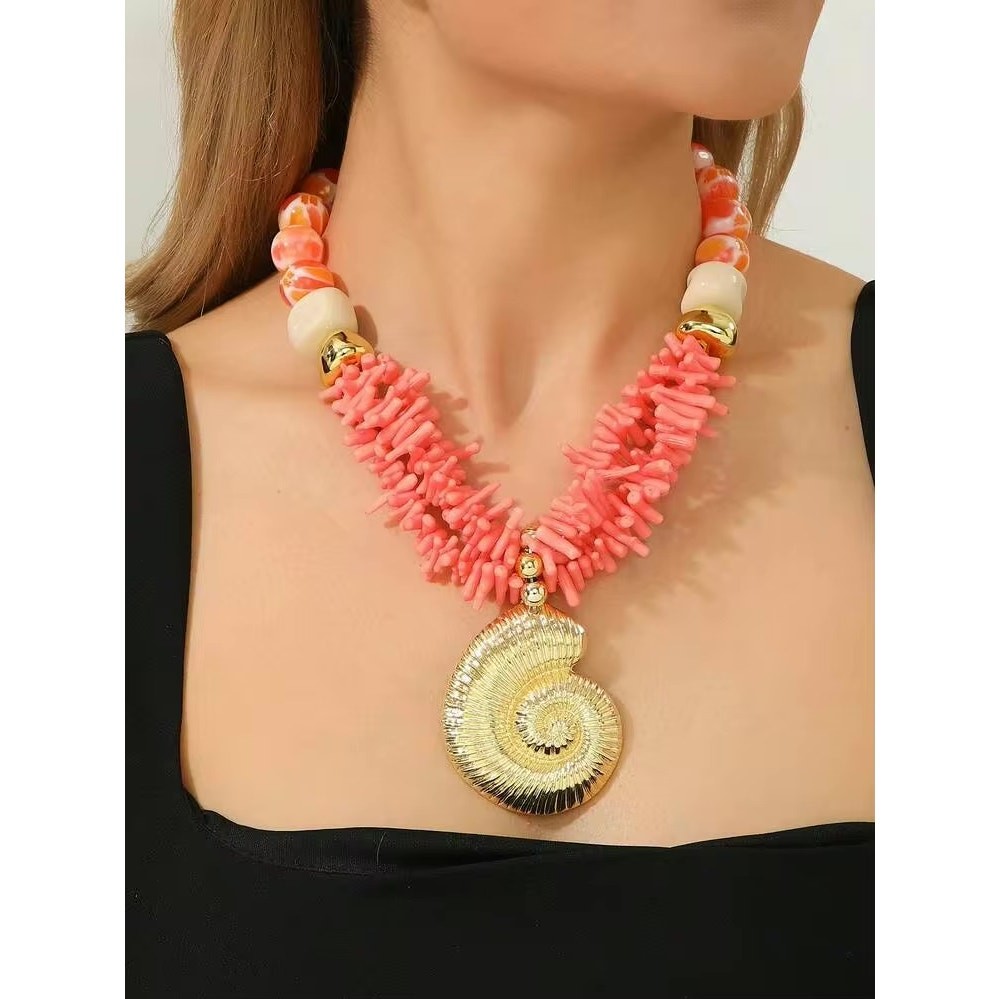NWT Ocean Vacation Multi-Strand Faux Coral & Gold Shell Statement Necklace