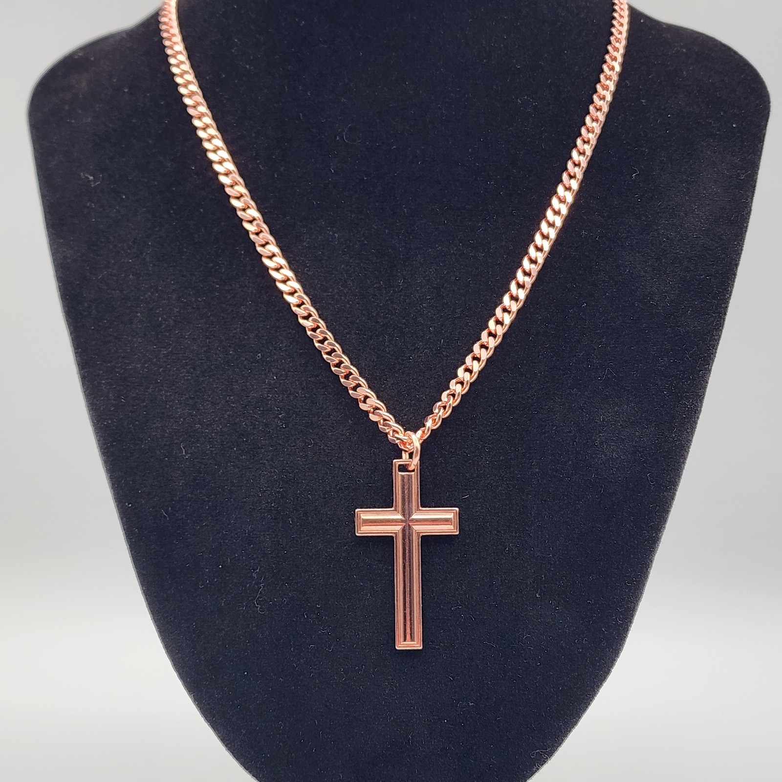Pure Copper Cross Necklace Cuban Link 5mm, 20″ Chain, therapy Pendant