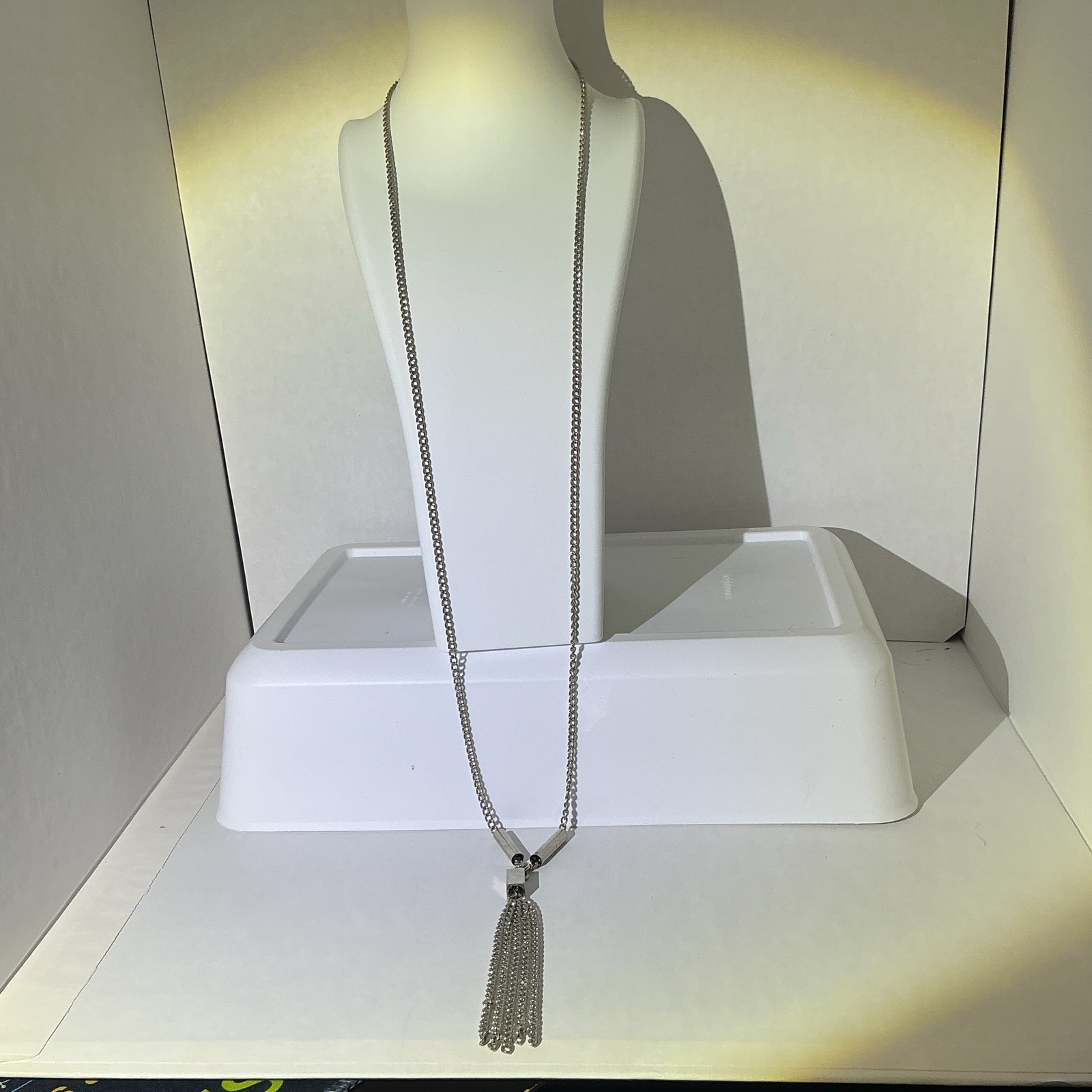 Silver Tone Cable Chain Square Tassel Pendant Necklace Lobster Clasp 34 in