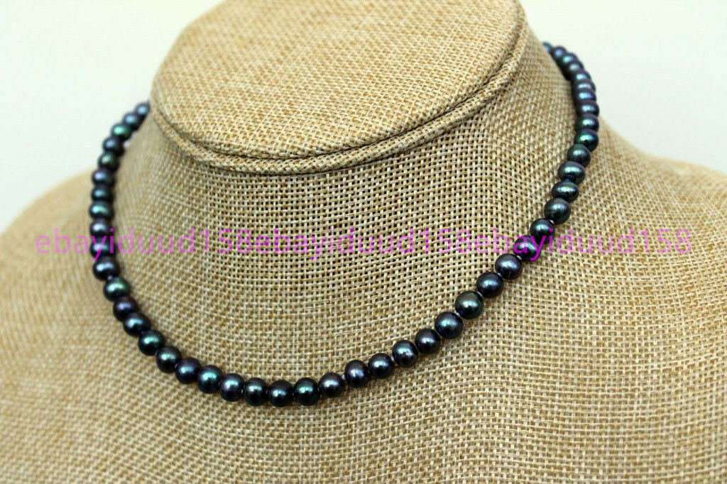 Natural 6-7mm Peacock Black Real Freshwater Cultured Pearl Necklace 18” Yu207