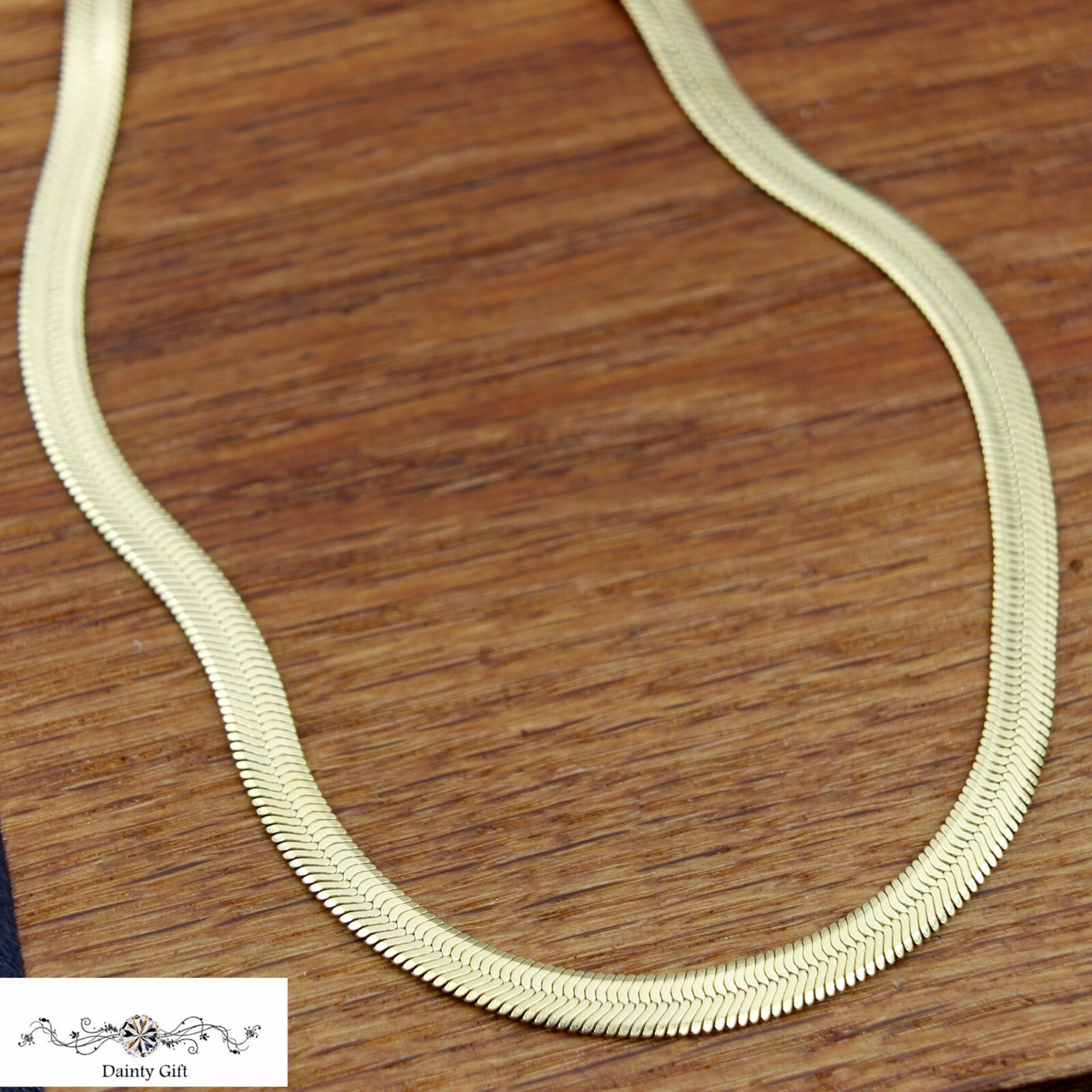 Titanium Stainless Steel Gold Flat Herringbone Chain Choker Necklace 13-16.5″