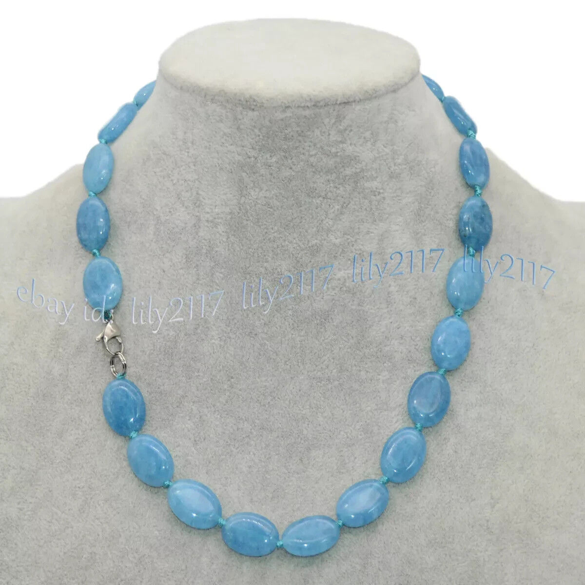 Genuine Natural Blue Aquamarine Oval Gemstone Beads Necklace 36 inches 13x18mm