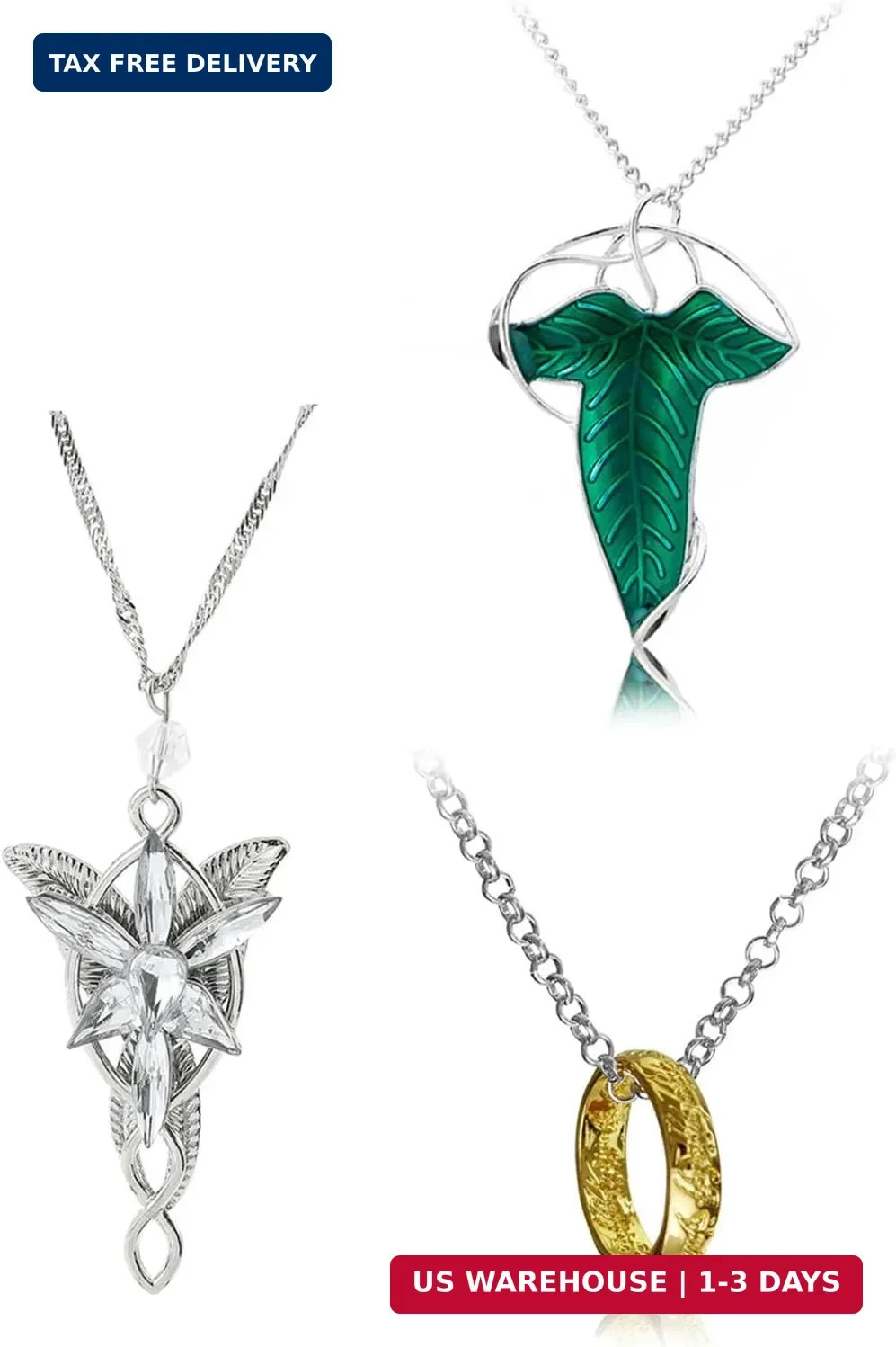 3 Set Lord of the Ring Elven Leaf Aragorn Arwen Evenstar Pendant Chain Necklace