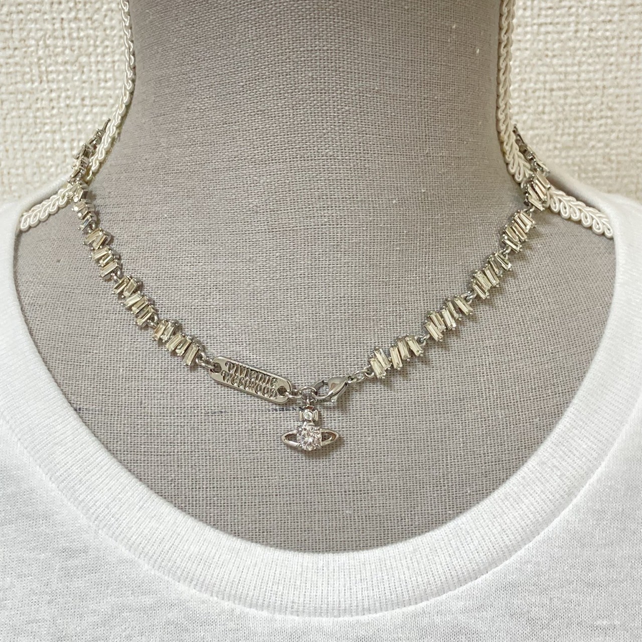 Vivienne Westwood Necklace Choker Crystal 38cm Silver Baguette cut w/Pouch NoBox