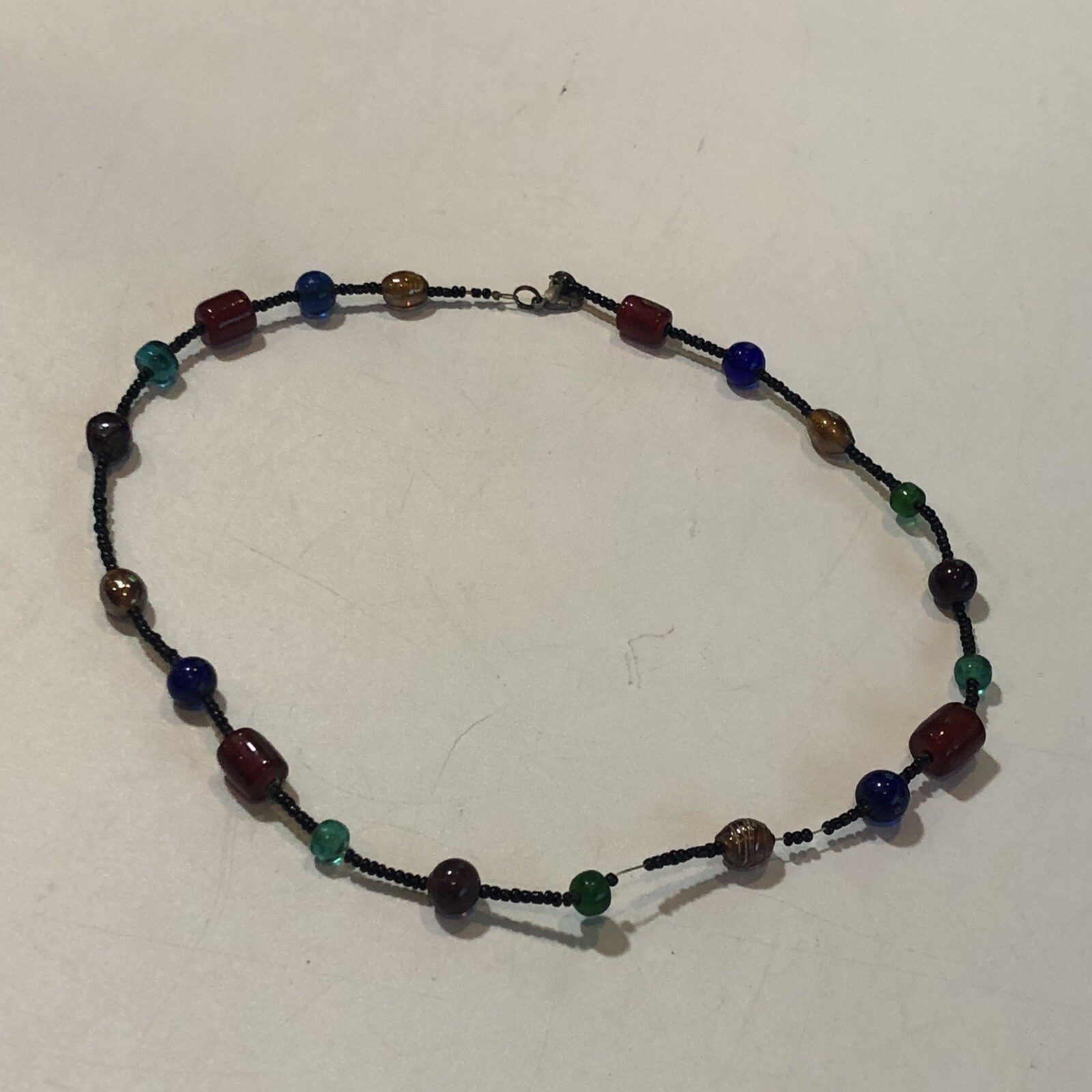 Glass Beaded Necklace 18” Multicolored With Iridescence Black Seed Bead Spacers