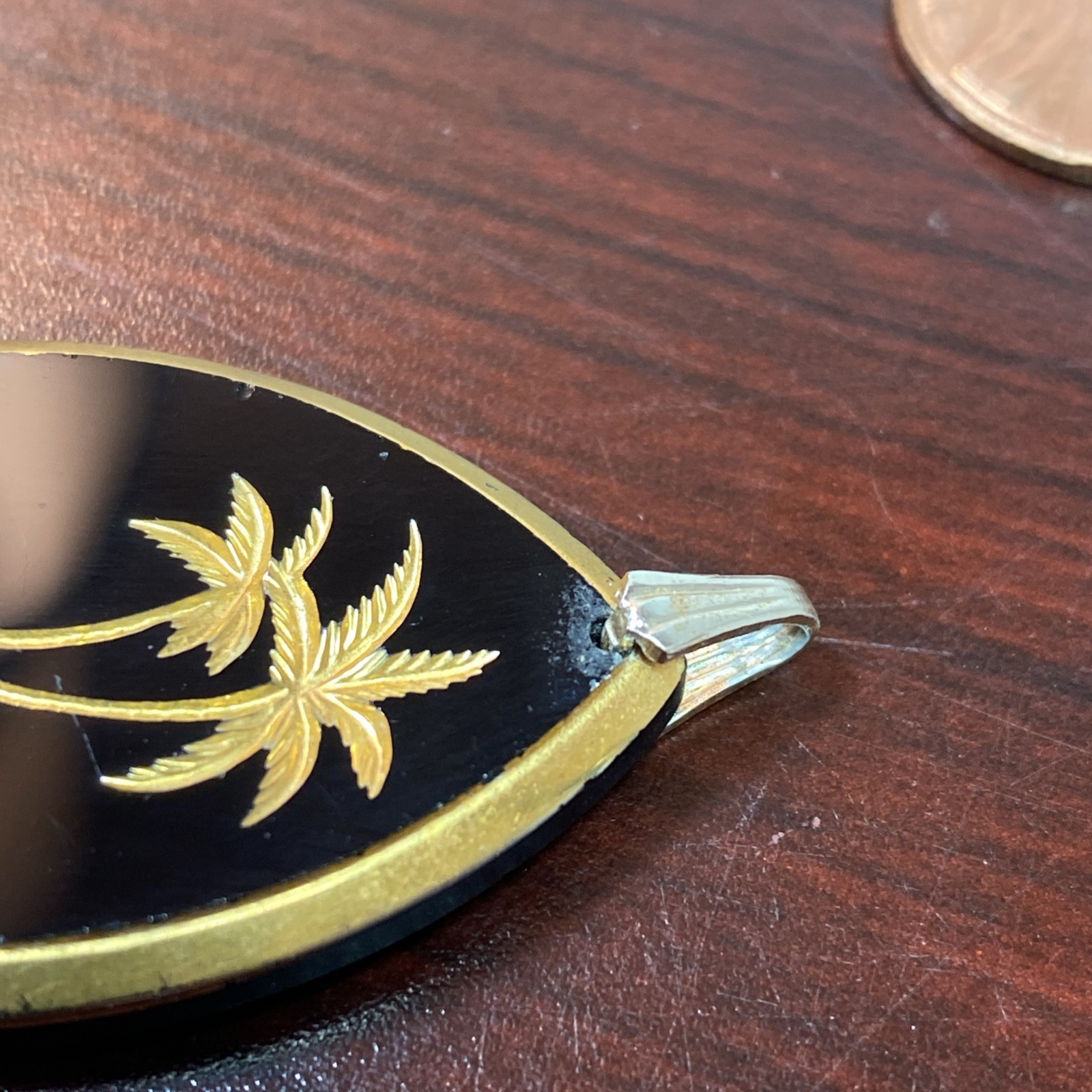 Vintage Golden Palm Trees Etched on Jet Black Glass Pendant Charm Germany 1.25”