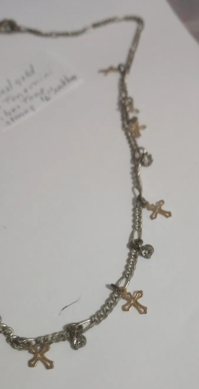 SAO Silver/Gold Tone Small Dangling Crosses And Colorless Stoned 16″necklacr