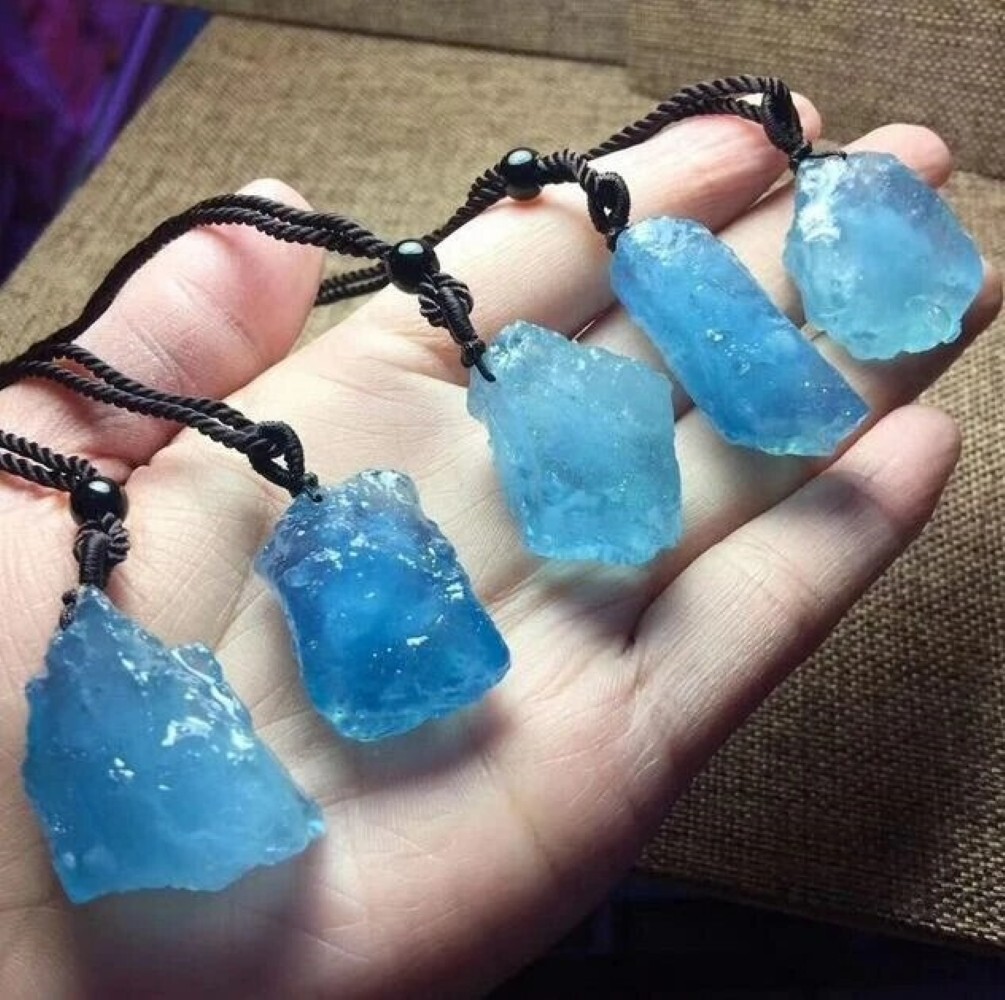 Raw Aquamarine Stone Crystal Necklace Healing String Quartz Pendant Necklace