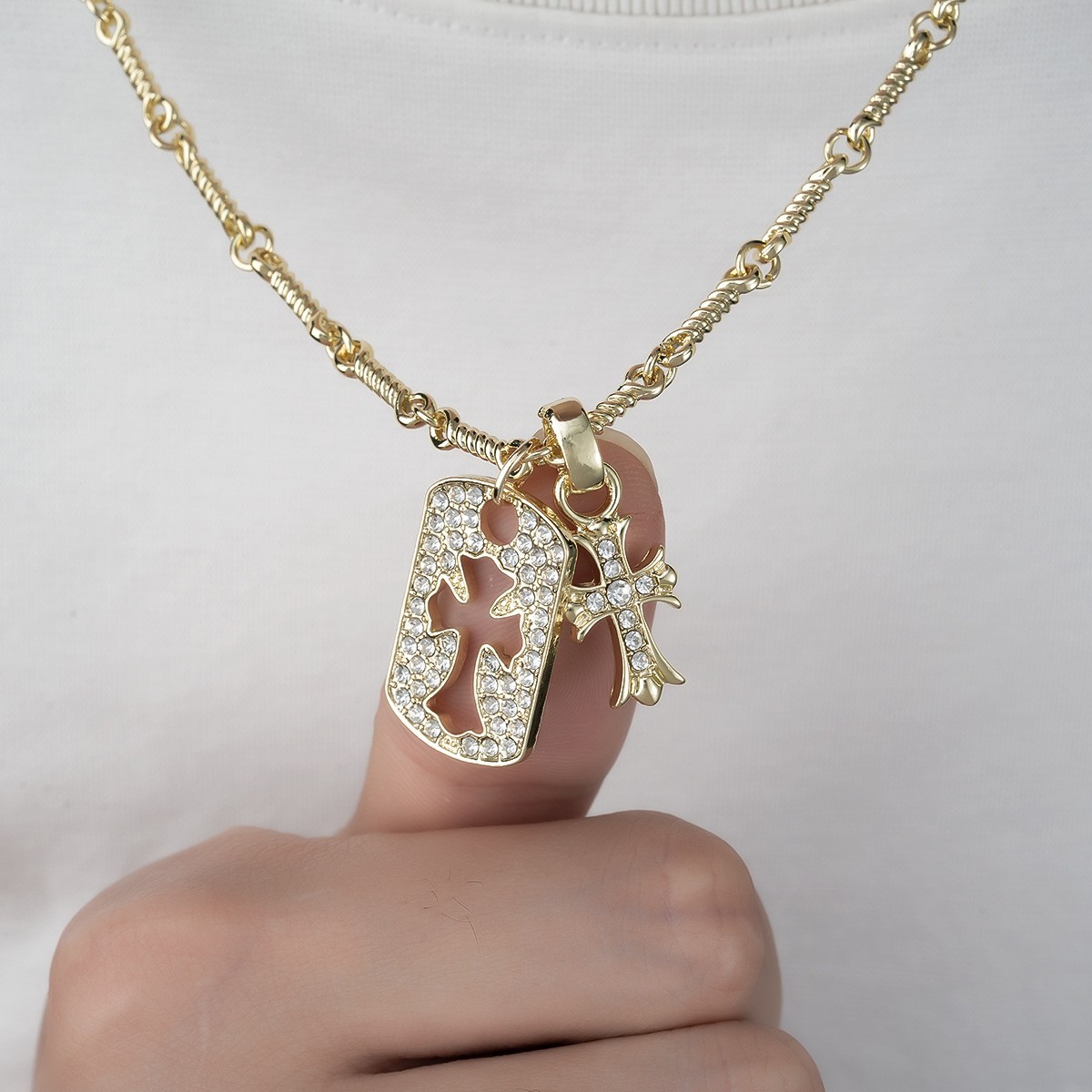Gold Silver Plated Cutout Cross Dog Tag Pendant Wheat Chain Bling Necklace