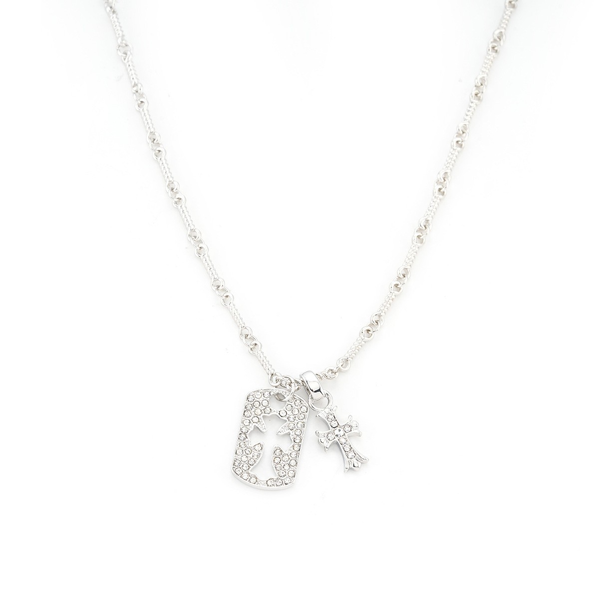 Gold Silver Plated Cutout Cross Dog Tag Pendant Wheat Chain Bling Necklace