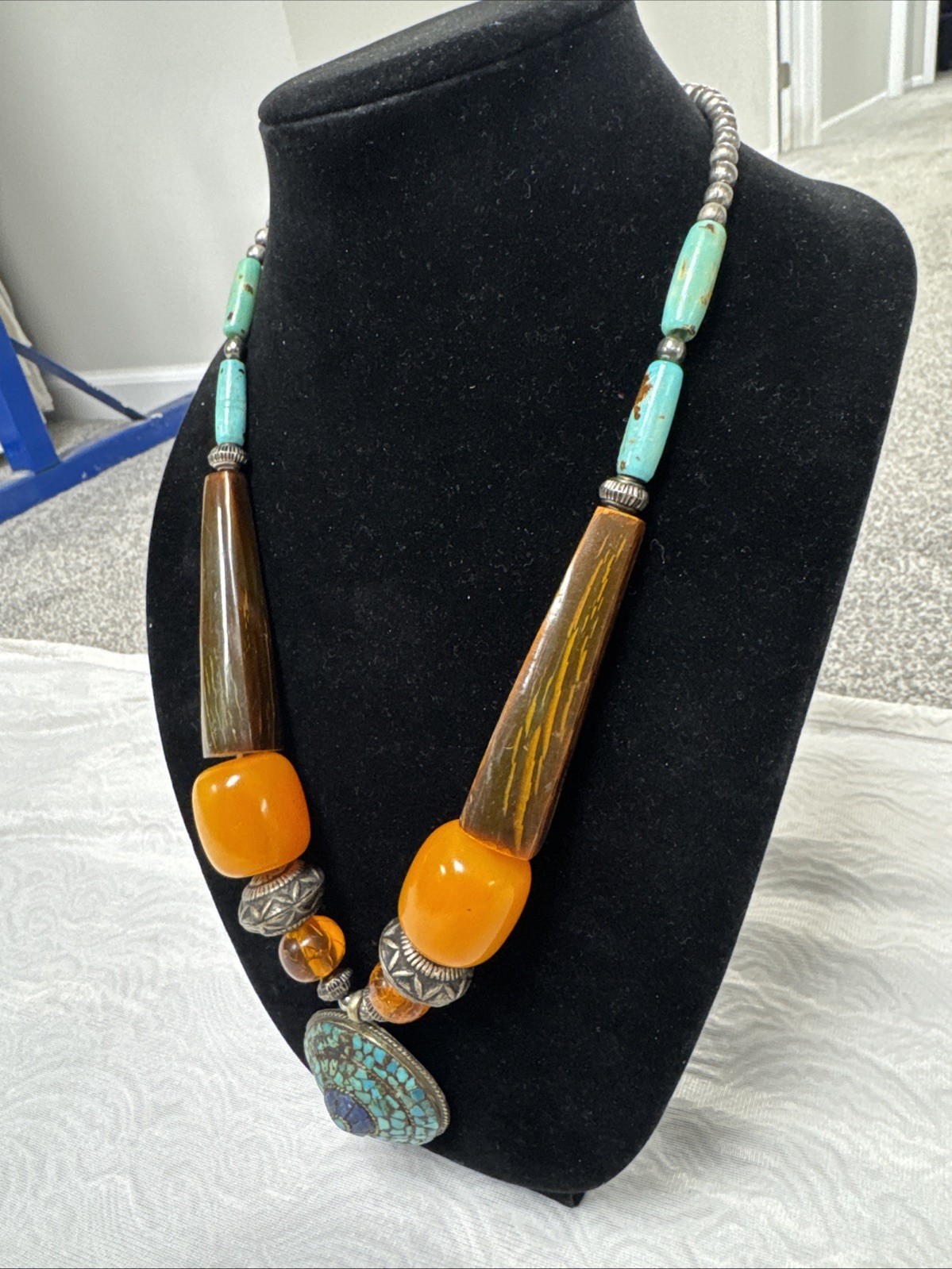Vintage Bohemian Multi Color Necklace Tibetan Resin Amber with Turquoise Pendant