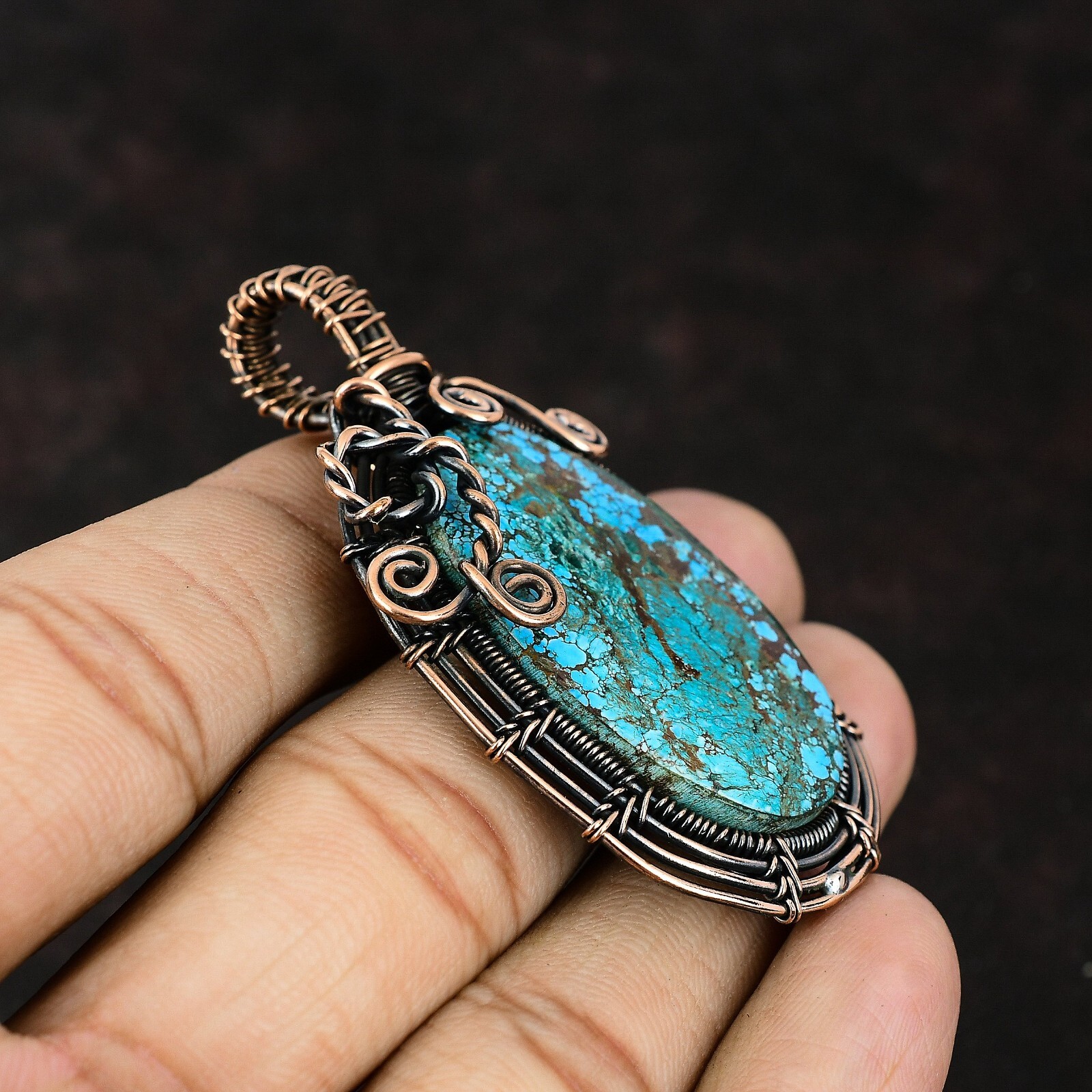 Tibetan Turquoise Jewelry Copper Gift For Love Wire Wrapped Pendant 2.48″