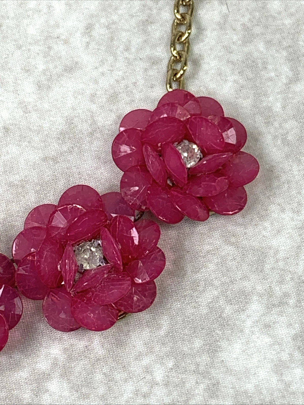 Womans Floral Necklace Pink Fuchsia Flowers and Clear Stones Gold Tone