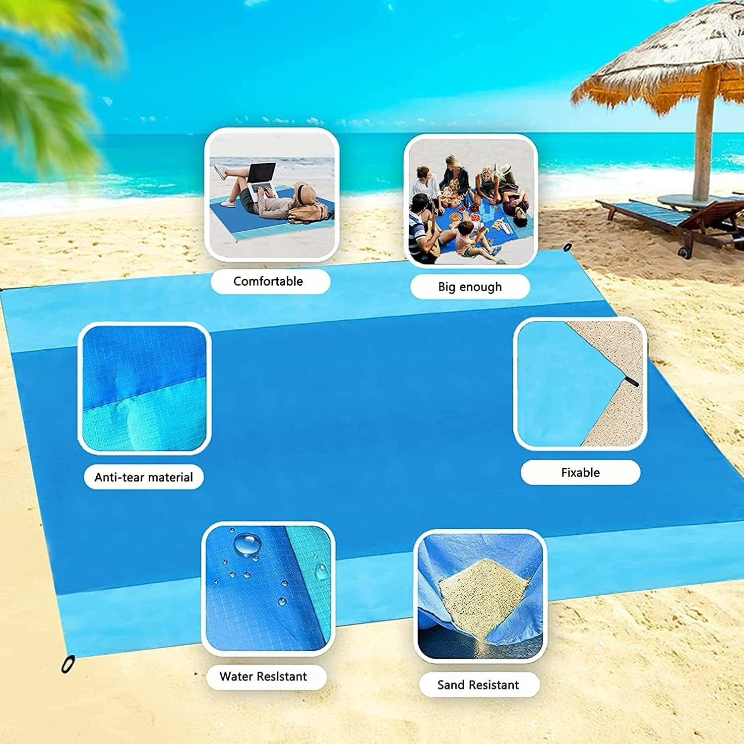 Beach Blanket, Beach Mat Sand Free Waterproof 79″ X 83″ Suitable for 4-7 Adults,