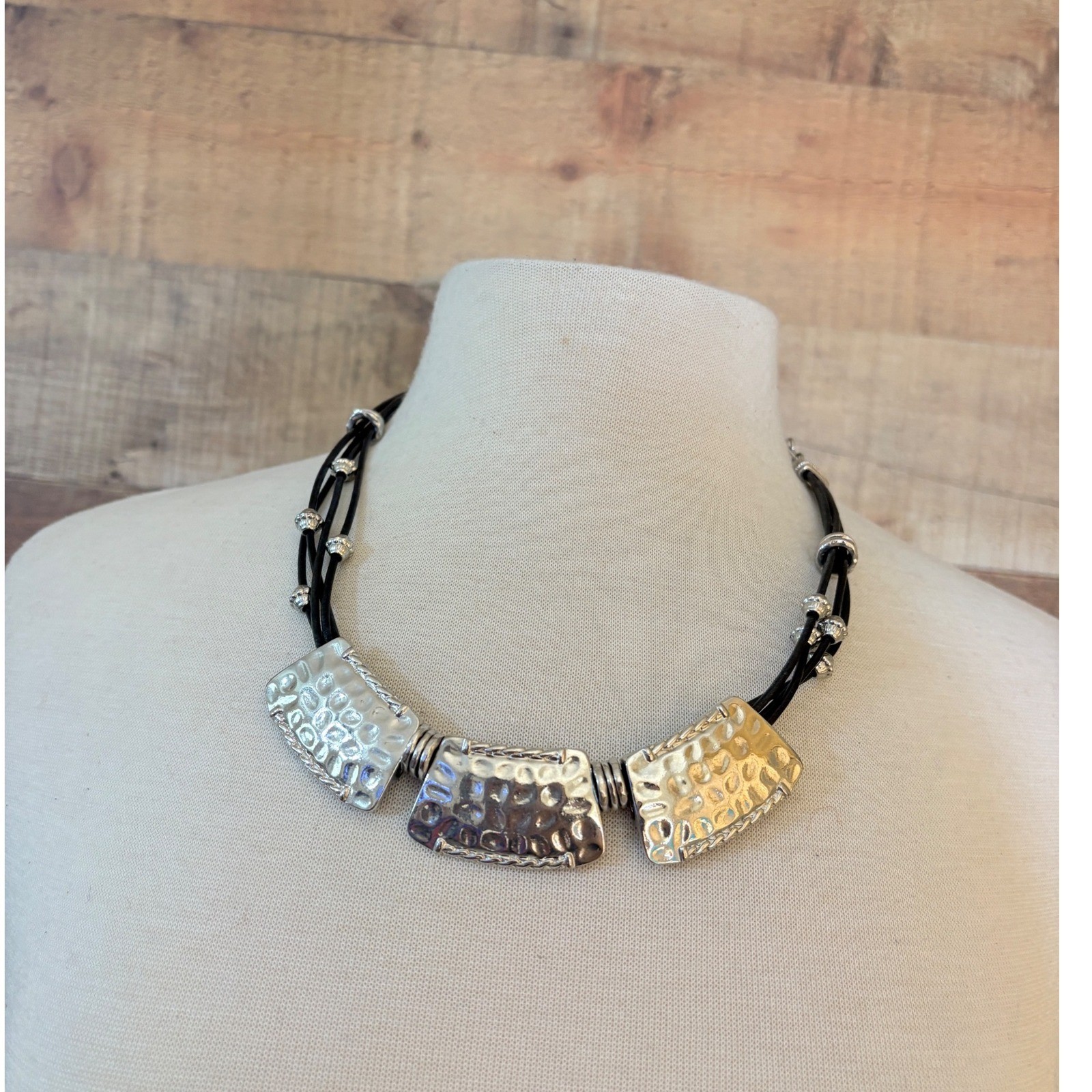 Chicos Mixed Metal Hammered Bib Statement Necklace Black Multi Strand Cord