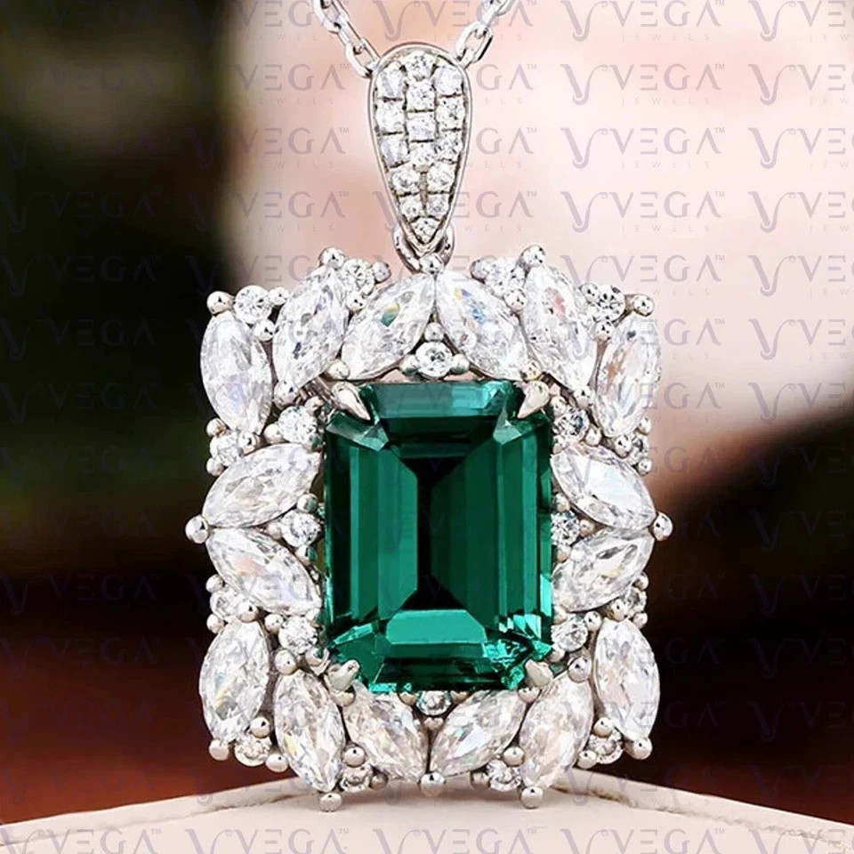 3.27 Ct Emerald Cut Emerald Pendant Wedding Pendant 14K White Gold