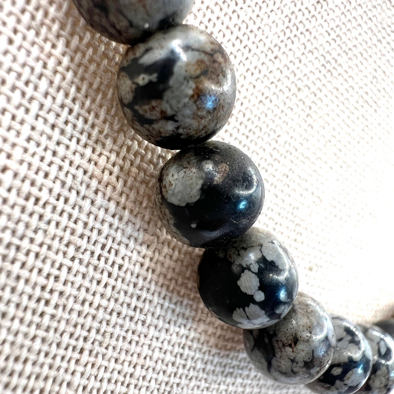 Snowflake Obsidian Beaded Necklace Black Grey Natural Stone 16 Inch Gold Clasp