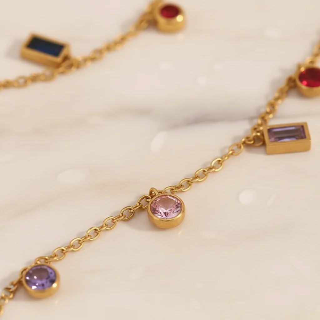 Rainbow Gemstone Choker Necklace | Multicolor CZ Baguette & Round Charm | Gold