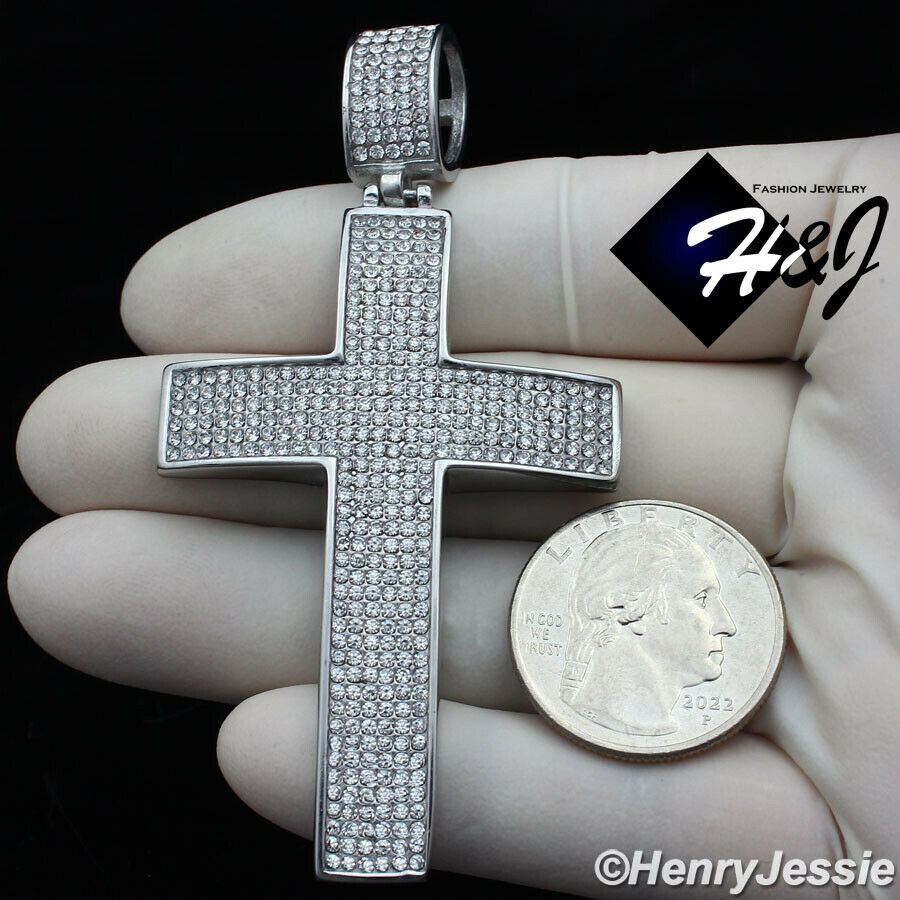 18″-40″MEN Stainless Steel 7mm Silver Miami Cuban Chain ICY CZ Cross Pendant*I21