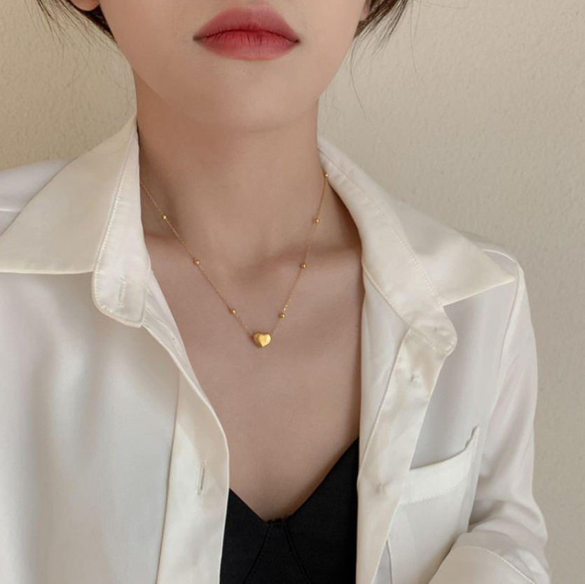 Silver Gold Stainless Steel Love Heart Shape Pendant Beads Chain Necklace PE49