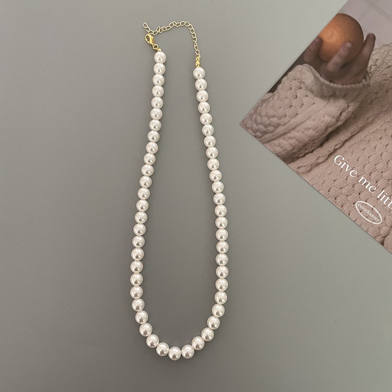8mm White Round Pearl Beads Necklace for Women and Men Gold Clasp