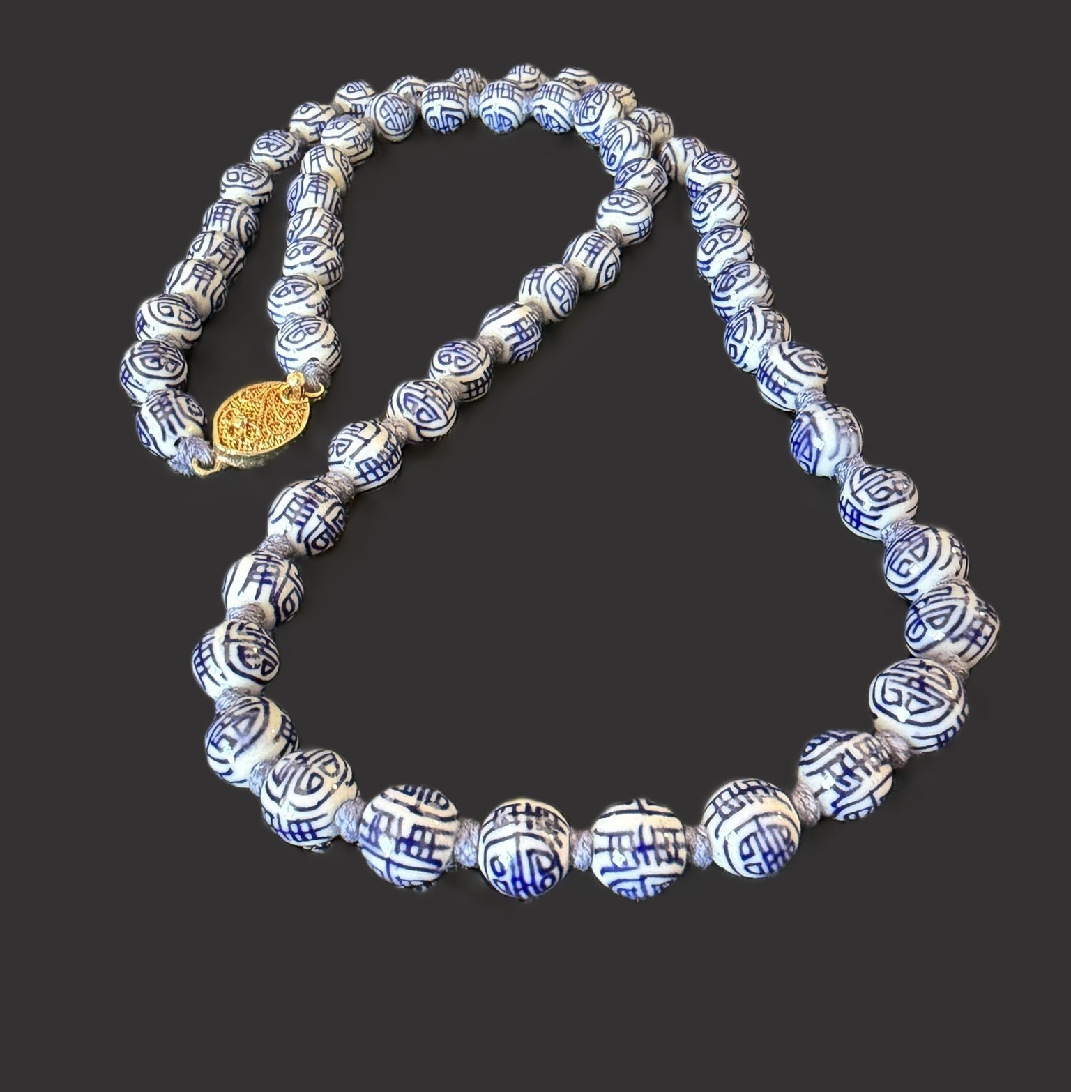 Vintage Chinese Necklace Blue White Porcelain SHOU Longevity Beads 24″ Knotted
