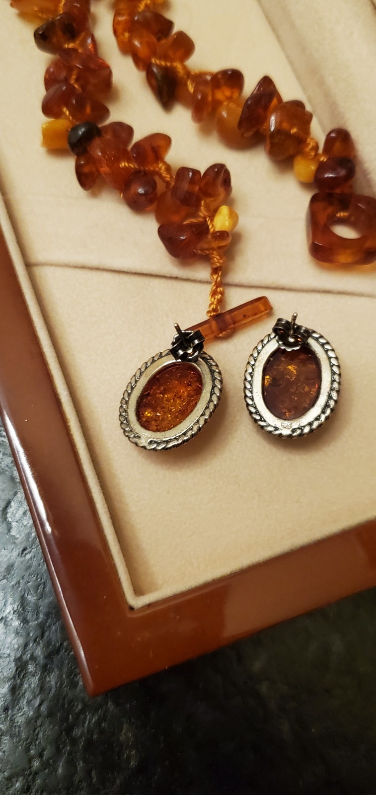 Genuine BALTIC AMBER Golden Honey Knotted Choker Necklace 925 Pierced Earrings