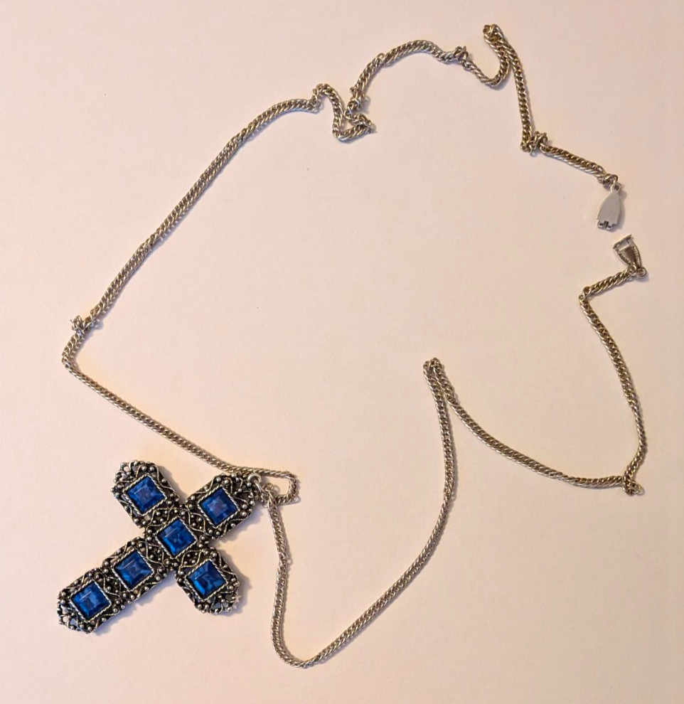 Silver Tone Metal Cross Pendant Necklace, Religious Theme, Blue Square Stones