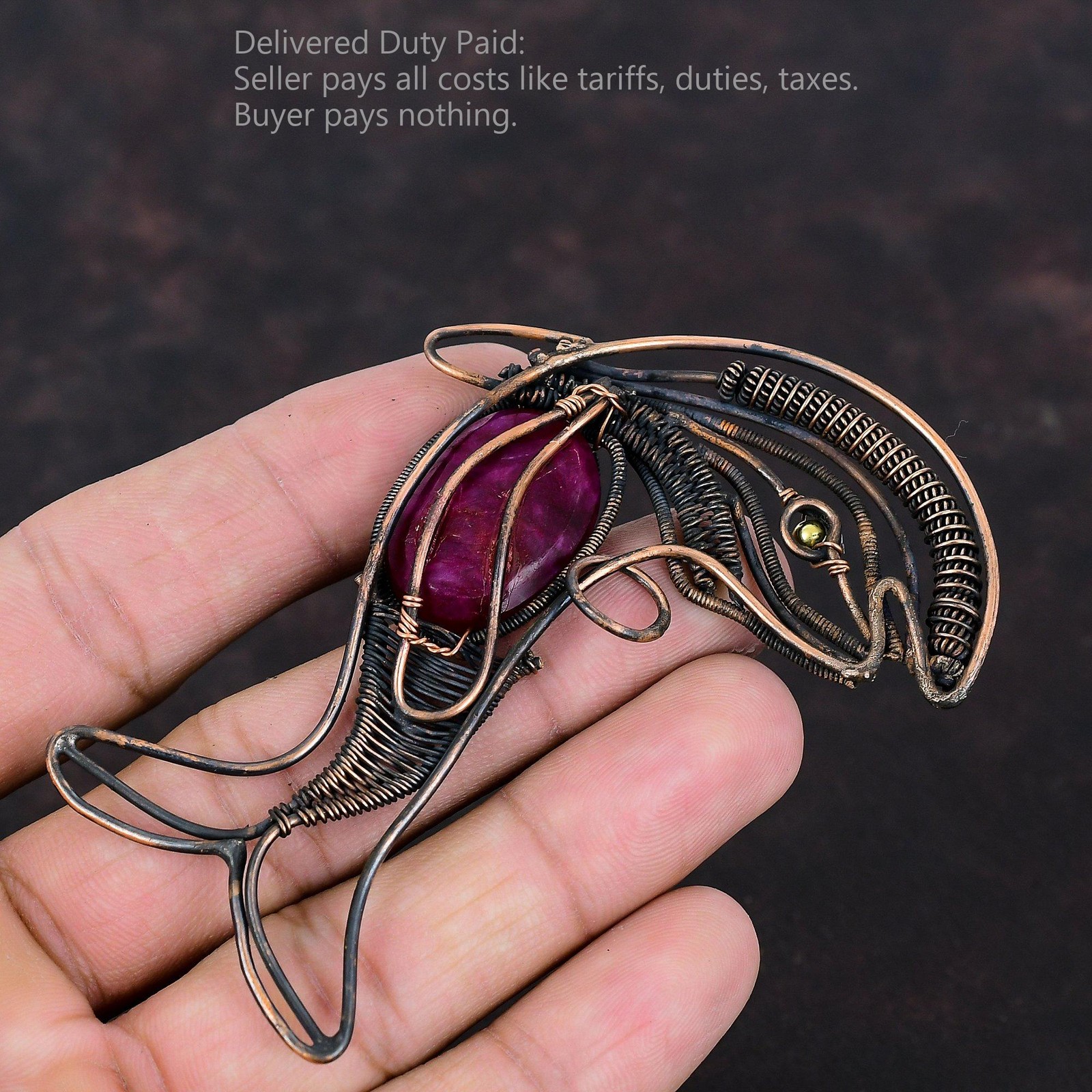 Copper Natural Kashmir Rubi Sister Wire Wrapped Fish Anniversary Pendant Jewelry