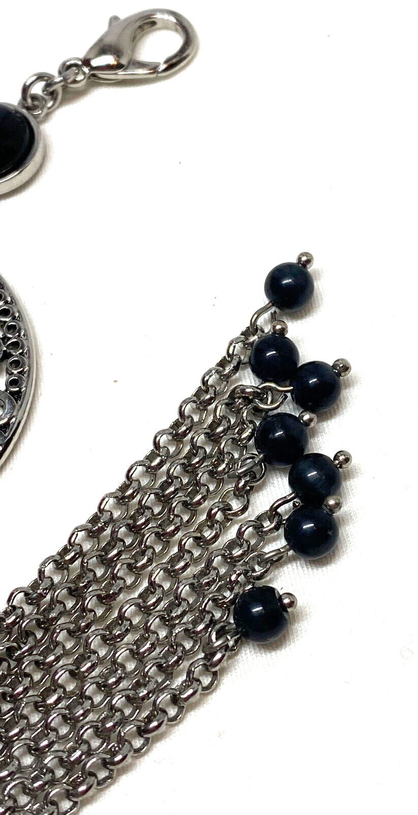 Lia Sophia Lyrical Detachable Chain Tassel Pendant Black Glass Stone Filagree 7″